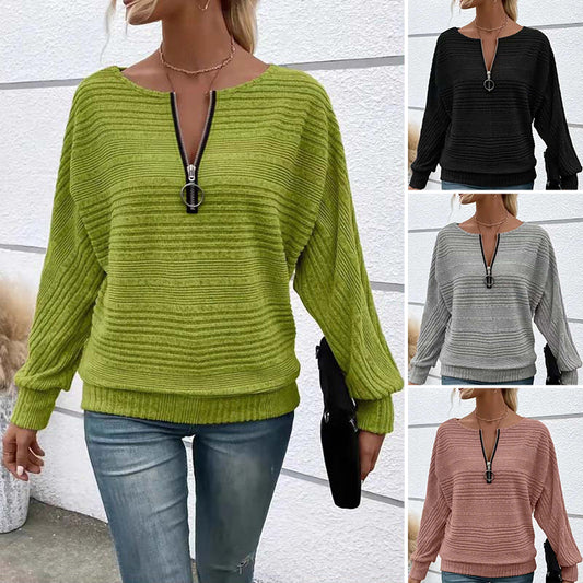 【S-2XL】💯Dámské pruhované tričko s dlouhým rukávem a polovičním zipem