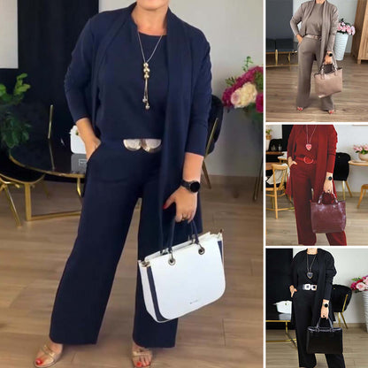 【S-5XL】💖Elegantní třídílná sada s dlouhým kardiganem (zahrnuje blůzu a kalhoty)