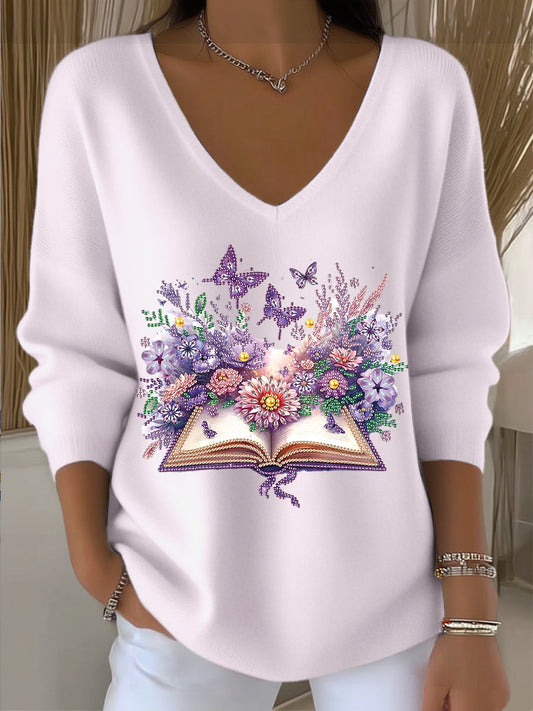 Dámské evropské styl světle fialový v-neck svetr zdobený diamantovými knihami a květinovou výšivkou elegantní a měkký zvyšující texturu každodenního oblečení