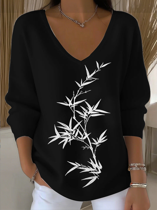 Dámské european style black vneck svetr s jednoduchou výšivkou listů trendy a pohodlné snadné vytvořit denní vzhled