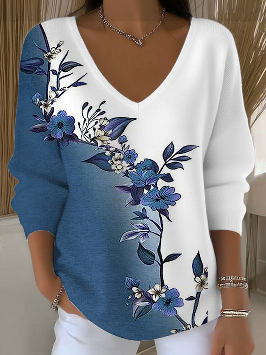 Dámské stylové modrobílé gradient vneck svetr s elegantní modré květinové otisky