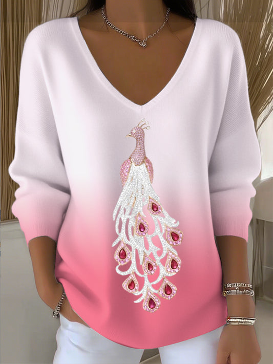 Dámské okouzlující růžový gradient vneck sweatshirt s pávovým tištěm