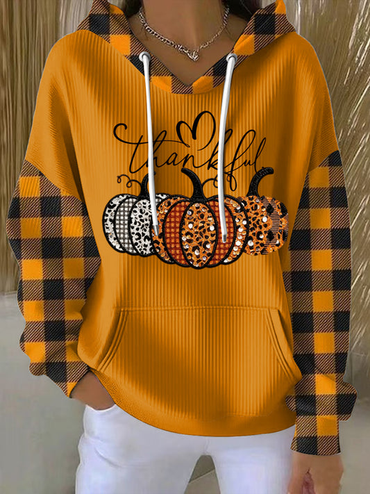 Ženské vintage díkuvzdání patchwork plaid casual hoodie