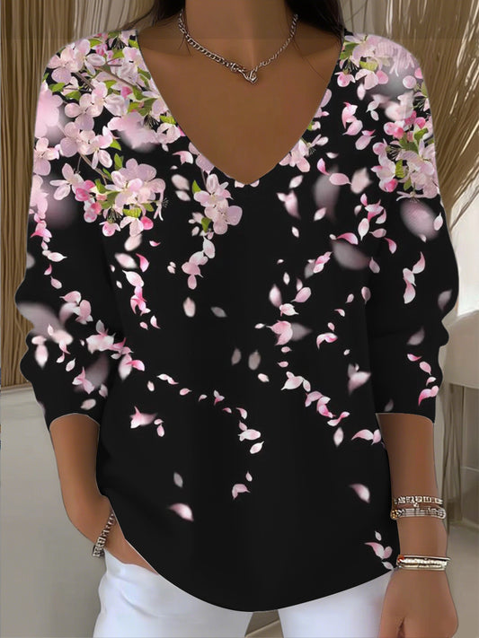 Dámské romantické třešňové květy tisk černý vkrk top
