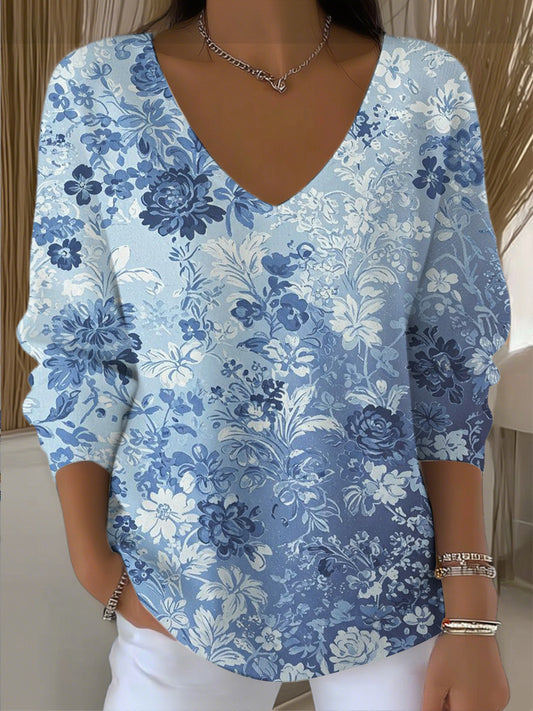 Dámské elegantní modré květinové tisk vkrk top