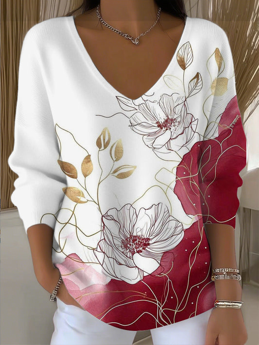 Dámské elegantní zlaté a červené květinové čáry art print vkrk top