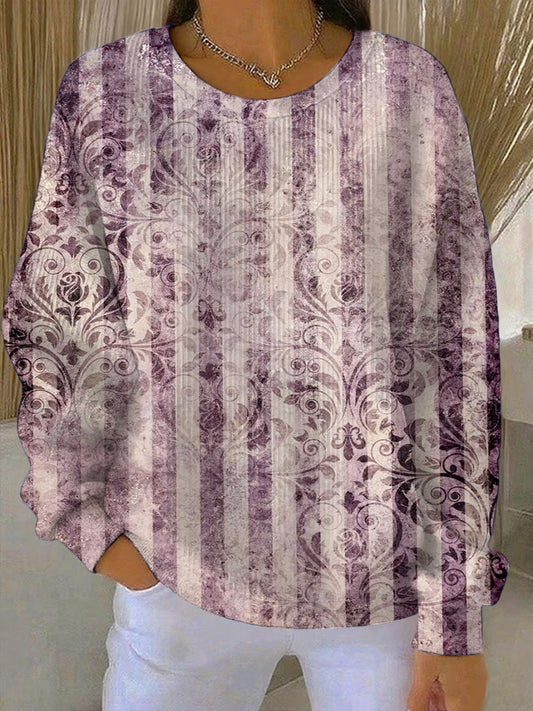 Dámské vintage fialové pruhované kvetinové mikiny