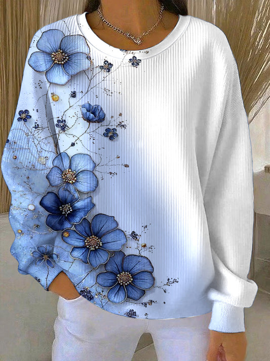 Dámské jemné modré květinové tisk gradient sweatshirt