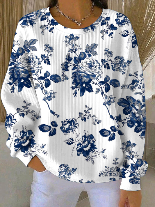 Dámské elegantní modré květinové tisk bílá mikina