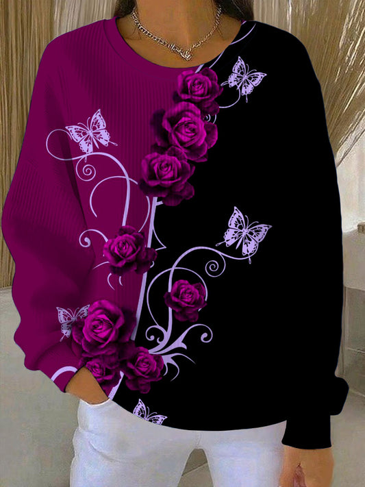 Dámské ohromující fialová růže a motýl tisk barevná bloková mikina