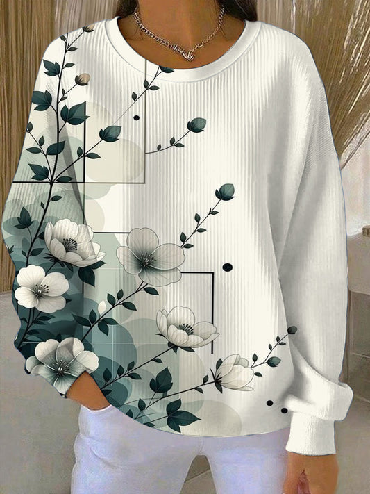 Dámské umělecké květinové & geometrické tisk bílá mikina