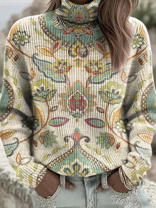 Ženské symetrické tradiční květinové highneck jumper