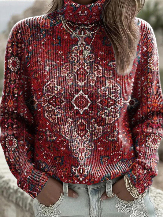 Dámské tmavě červené tradiční vzor s vysokým krkem jumper