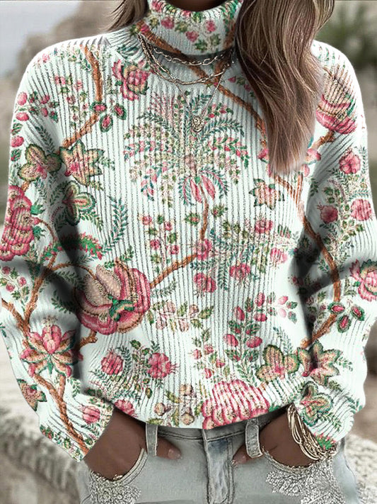 Dámské modré etnické květinové highneck jumper