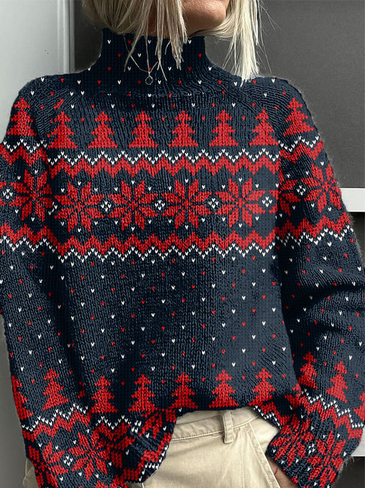 Dámské vintage vánoční geometrické umění vysokého kakla svetr