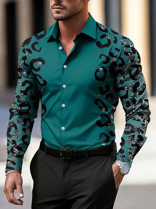 Men vintage gradient leopard print artistic longsleeve shirt