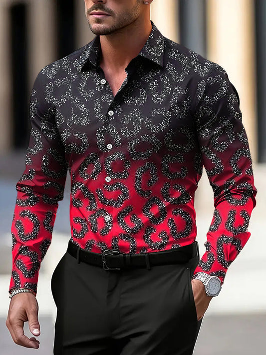 Pánské vintage leopard tisk patchwork umění s dlouhým rukávem košile