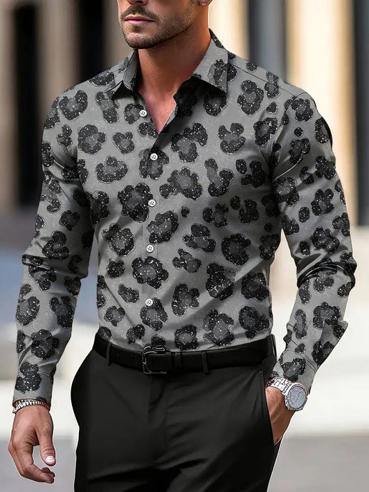 Pánské vintage lesklé leopard tisk umělecké košile s dlouhým rukávem