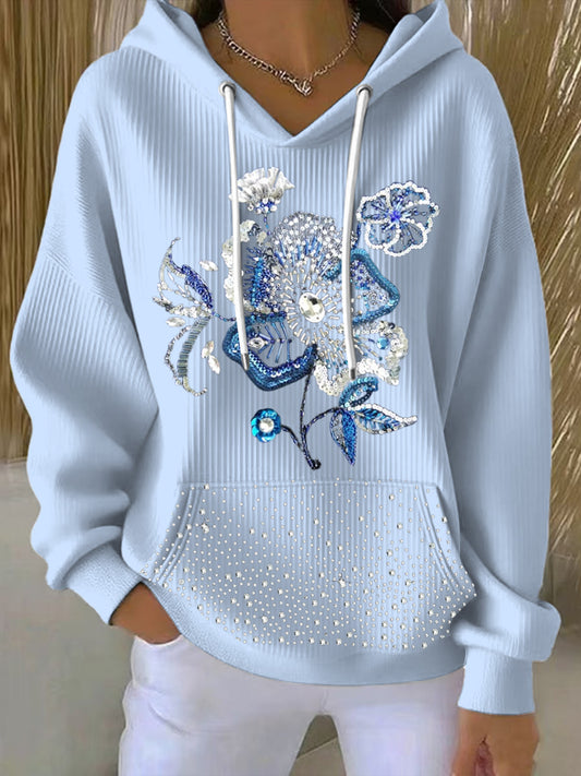 Women's exquisite blue floral sequined light blue hoodie