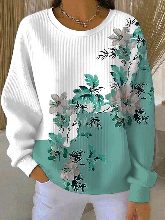 Dámské čerstvé teal květinové potisk sweatshirt