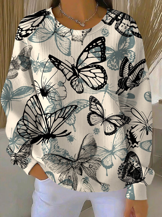 Ženské vintage abstraktní motýl umění příležitostné posádka krku pulóver