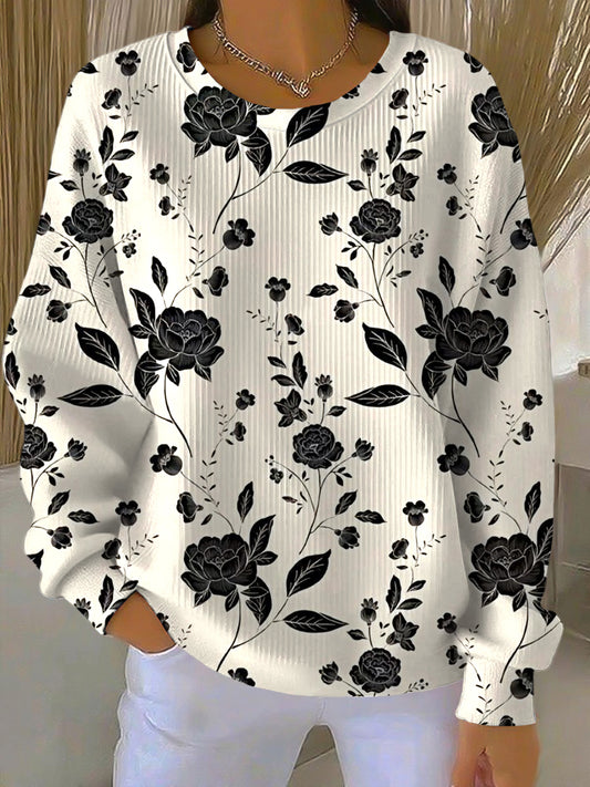 Ženské vintage květinová silueta příležitostné štáb krku pulóver