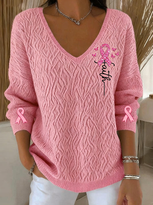 Retro rakovina prsu diamant faith print svetr s dlouhým rukávem