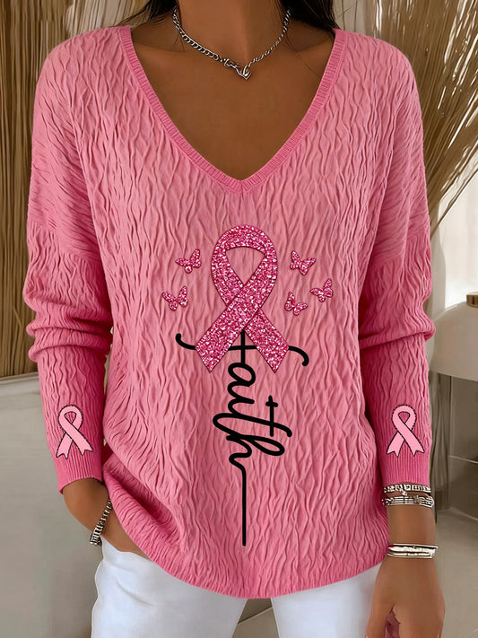 Retro rakovina prsu diamant faith print svetr s dlouhým rukávem