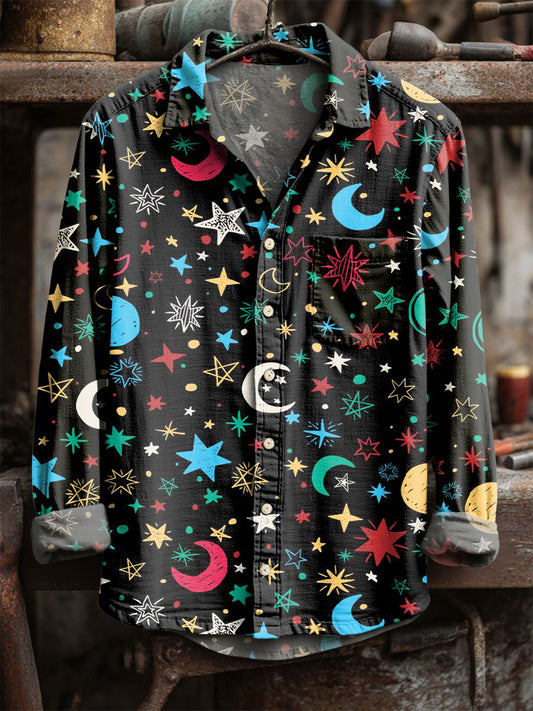 Retro star and moon print casual s dlouhými rukávy
