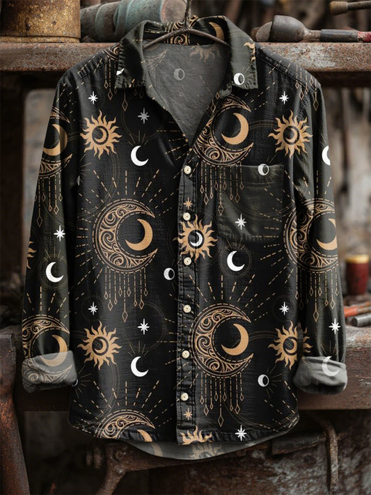 Retro star and moon print casual s dlouhými rukávy