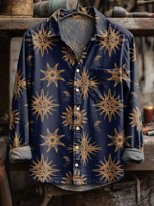 Retro slunce a měsíc tisk casual s dlouhým rukávem košile