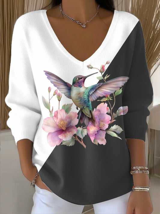 Ženské vintage kolibřík květinové patchwork umění vneck top