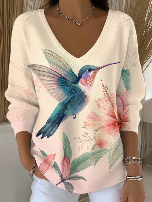 Ženské vintage kolibrík květinové umění vneck top