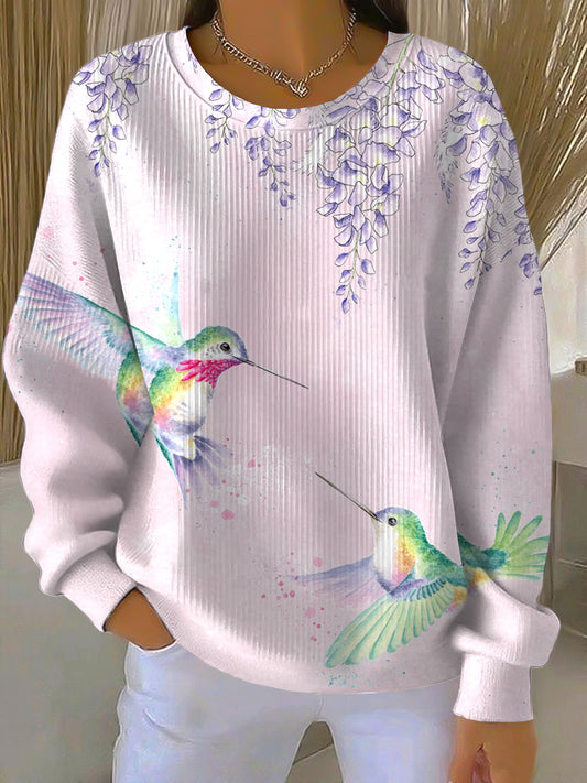 Ženské vintage ptačí a květinové příležitostné štáb krku pulóver