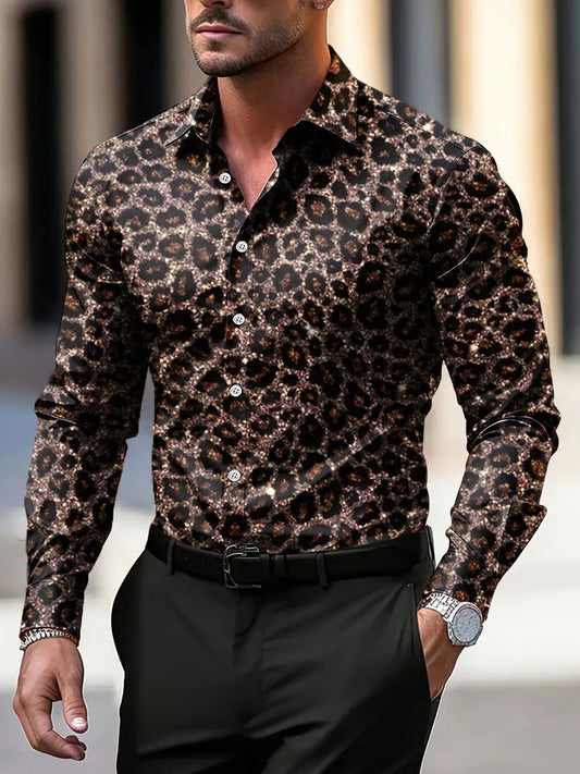 Men vintage classic leopard print artistic business casual shirt