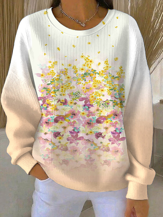 Dámské měkké žlutorůžové květinové potisk sweatshirt