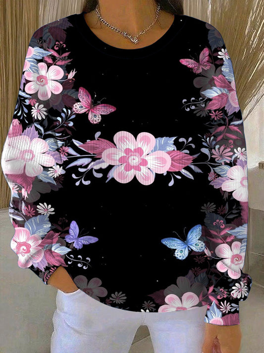 Dámské živé barevné květinové & motýlko tisk sweatshirt