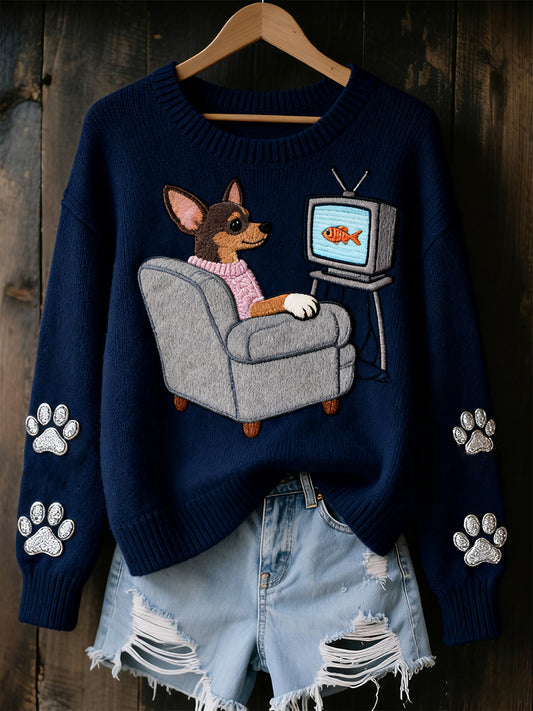 Dámské vintage umění zvířecí tisk útulný pletený svetr