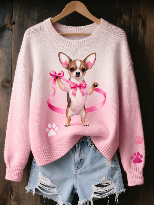 Dámské vintage umění zvířecí tisk útulný pletený svetr