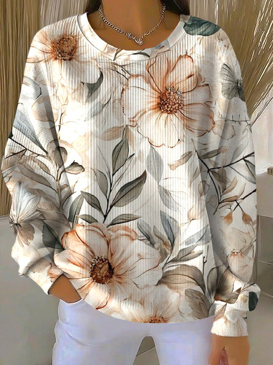 Dámské vintage olejomaľba květinové neformální kreslený pulóver