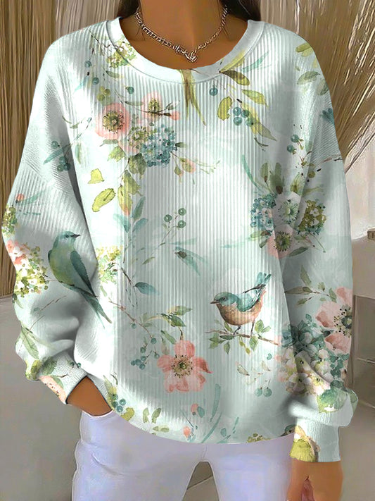 Ženské vintage ptačí a květinové příležitostné štáb krku pulóver