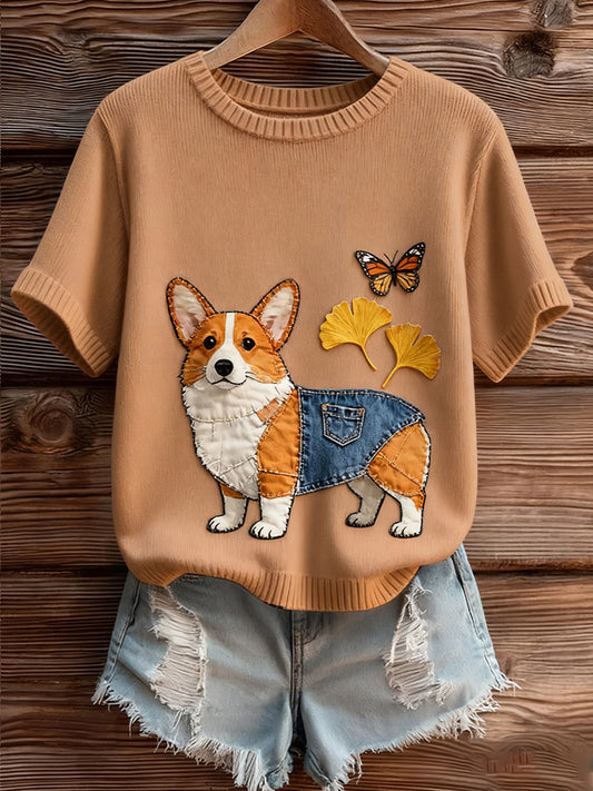 Dámské umělecké zvířecí tisk pohodlné pletené krátké rukávy top