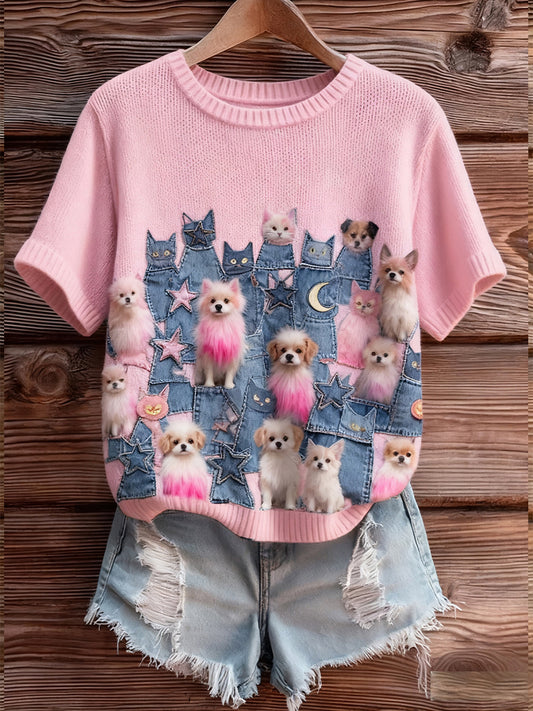 Dámské umělecké zvířecí tisk pohodlné pletené krátké rukávy top