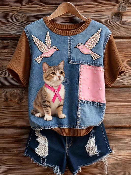 Dámské umělecké zvířecí tisk pohodlné pletené krátké rukávy top