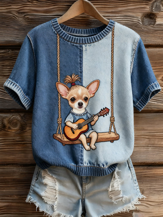 Dámské umělecké zvířecí tisk pohodlné pletené krátké rukávy top