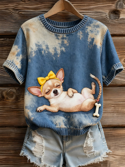 Dámské umělecké zvířecí tisk pohodlné pletené krátké rukávy top