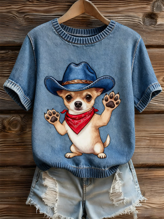 Dámské umělecké zvířecí tisk pohodlné pletené krátké rukávy top