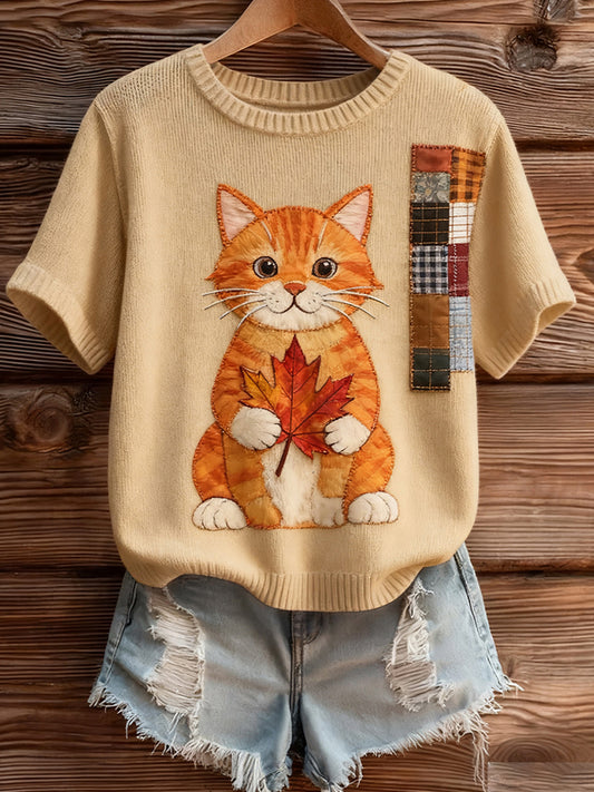 Dámské umělecké zvířecí tisk pohodlné pletené krátké rukávy top