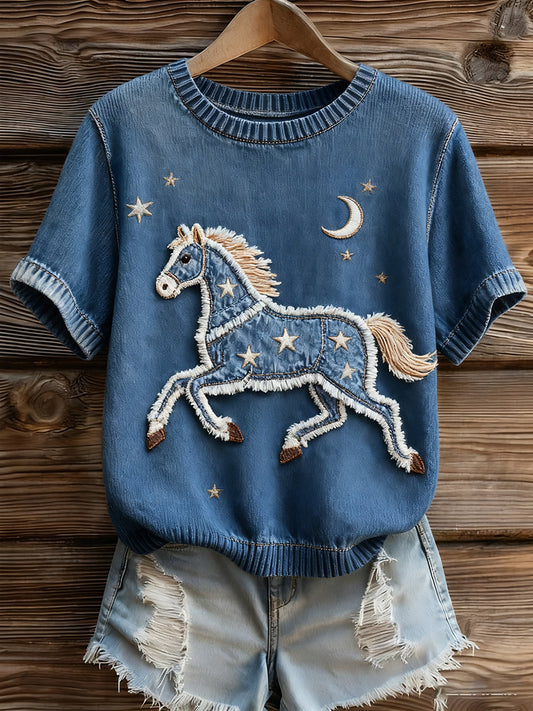 Dámské umělecké zvířecí tisk pohodlné pletené krátké rukávy top