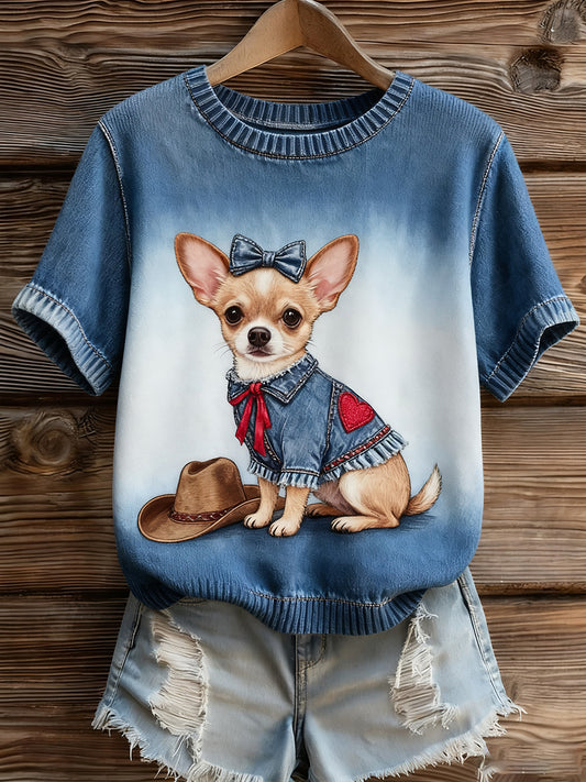 Dámské umělecké zvířecí tisk pohodlné pletené krátké rukávy top